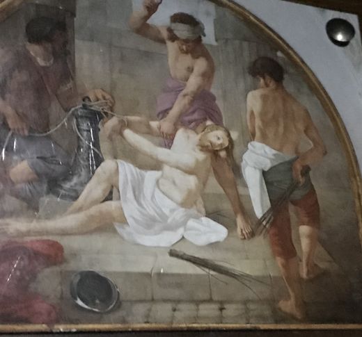 In einer Nische ein 1223 beim Kreuzzeug Kaiser Friedrich II. von Kardinal Colonna nach Rom gebrachtes Säulenfragment, das von der Geiβelsäule Christi stammen soll.